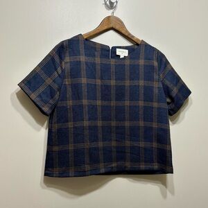 Everly Plaid Cropped Length Relaxed Fit Short Sleeve Crop Top Shirt Blue Tan